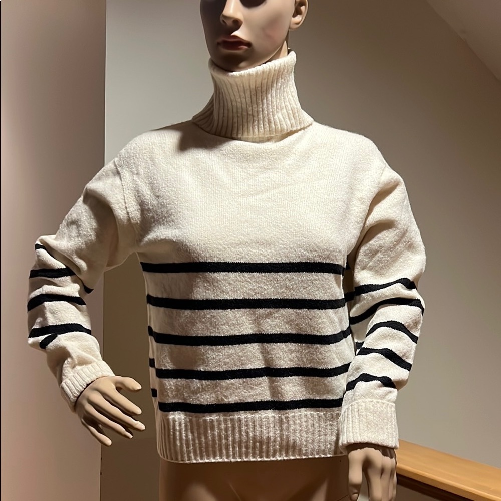 Cream and Black Turtleneck Sweater with Stripes